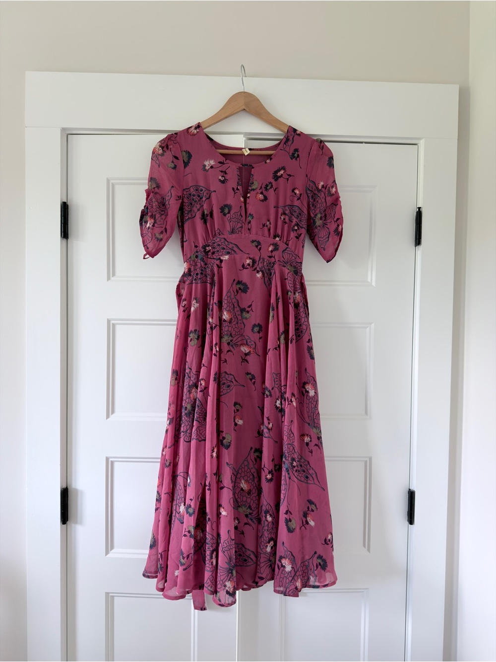 READ FLAW RARE Free People Floral Butterfly Midi Dress Puff Sleeves 0